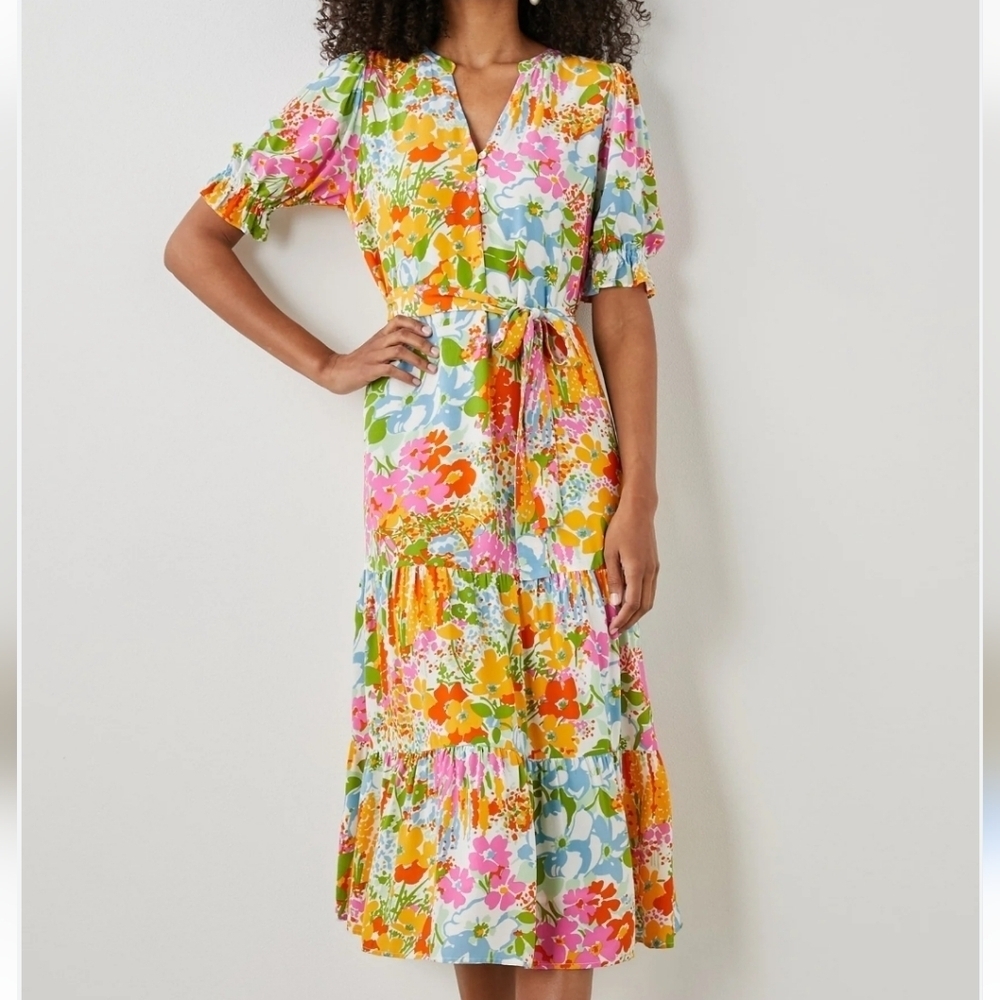 Rails Eliana Day Garden Floral Tiered Midi Dress S Puff Sleeve Boho Cottagcore